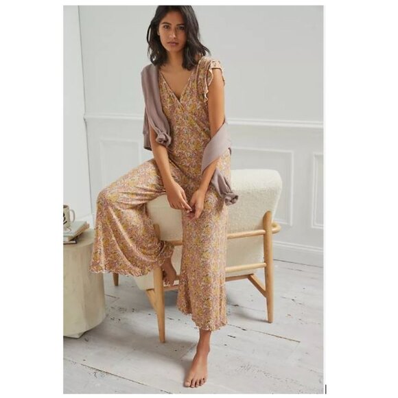 Matilda Ruffled Jumpsuit in Peach Motif from Anthropologie - Size Medium - NWT